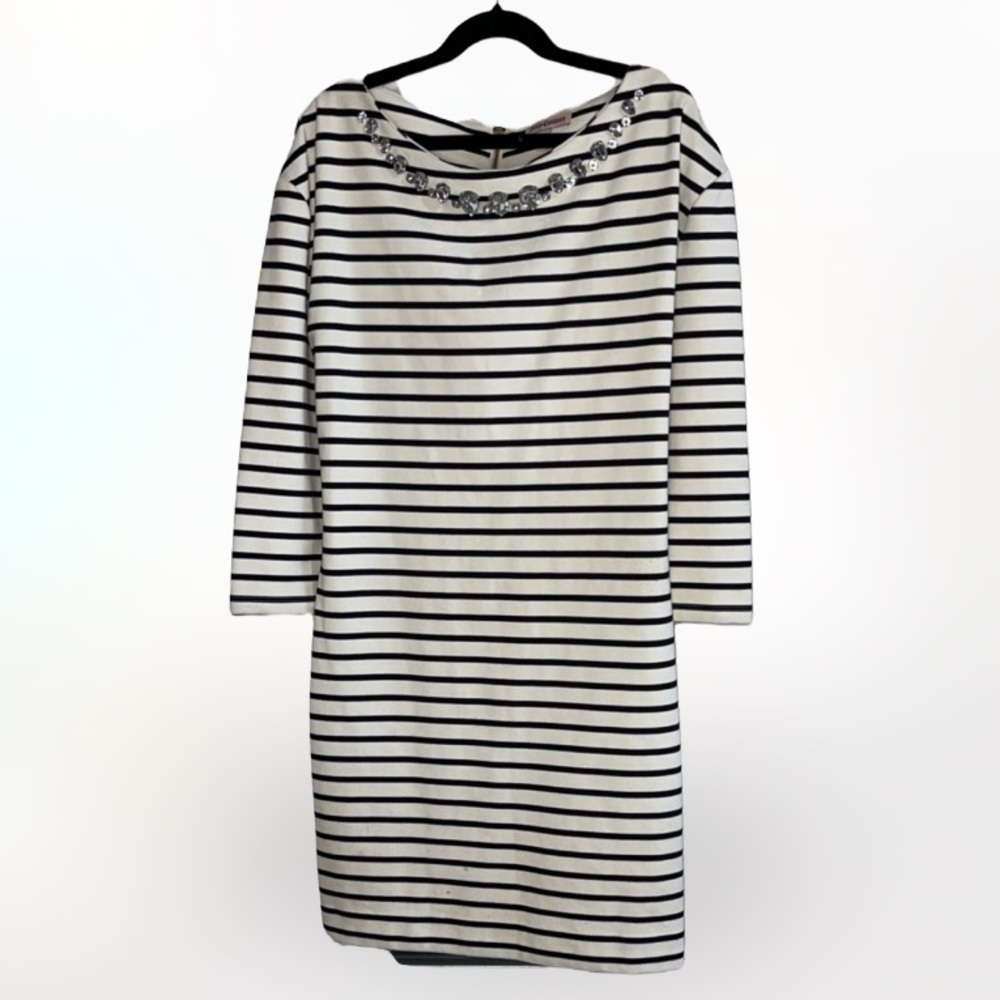 Juicy Couture Navy Blue & White Striped Dress w rhinestone detail on neckline XS